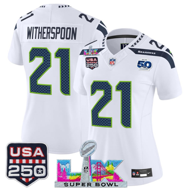 Women's Seattle Seahawks #21 Devon Witherspoon White 2025 F.U.S.E. Super Bowl LX Patch And 50th Season & USA 250' Patch Vapor Limited Football Stitched Jersey(Run Small)